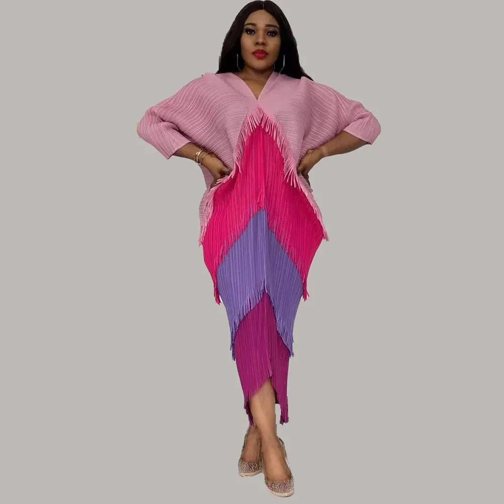 African Dashiki Pleated Tassel Maxi Kaftan Abaya for Women – Muslim Fashion Boubou Robe Dress