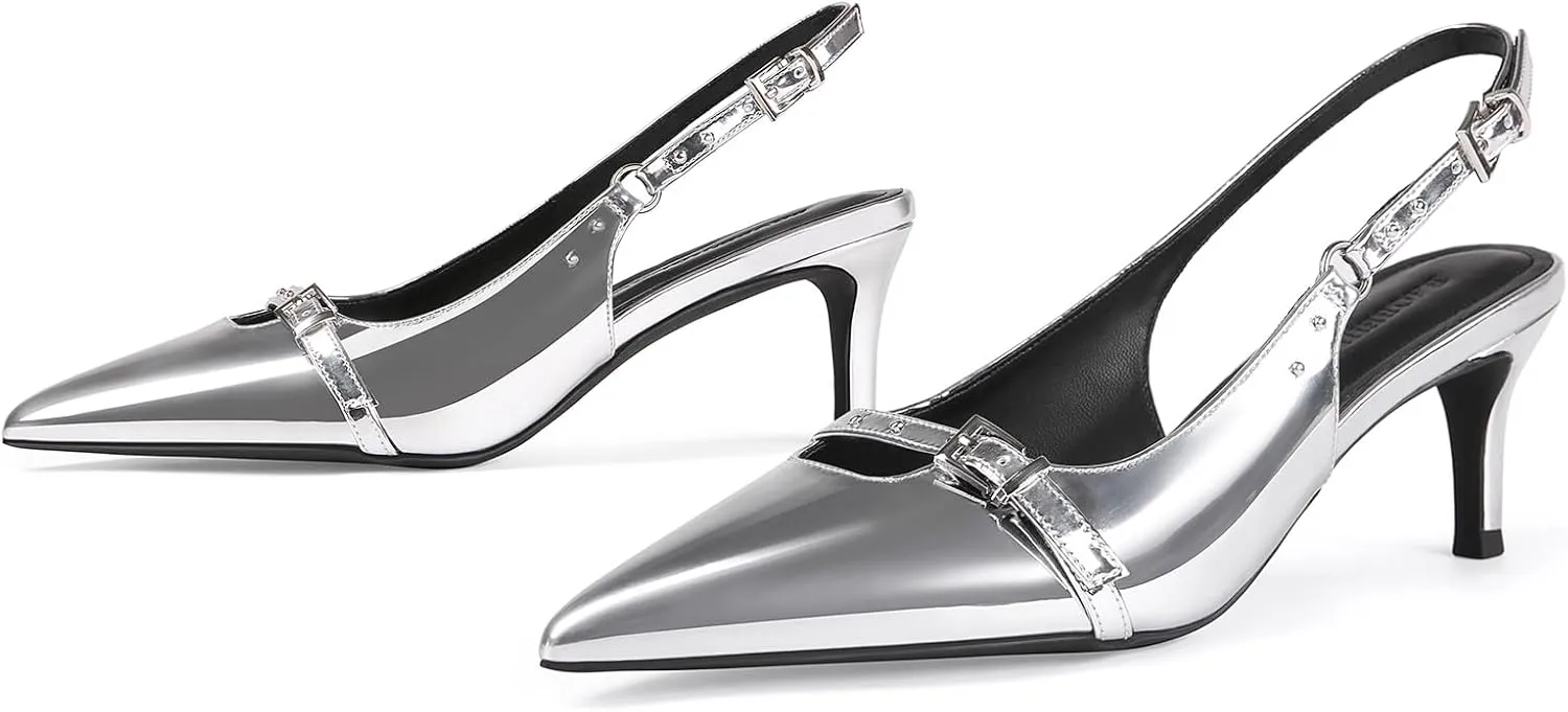 baobeijiadao Womens Slingback Heels Pointed Toe Slip On Pumps Closed Toe Kitten Heel Heeled Sandals Patent Leather Dress Shoes for Women