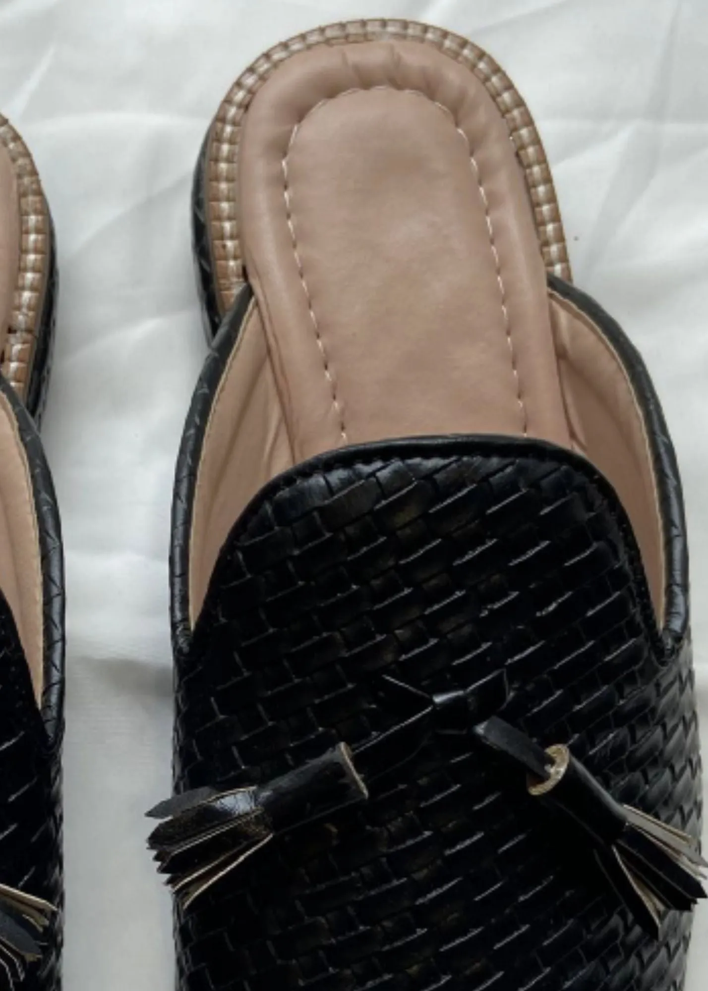 Black Matt Leather Slip-On Sandal with Tassels