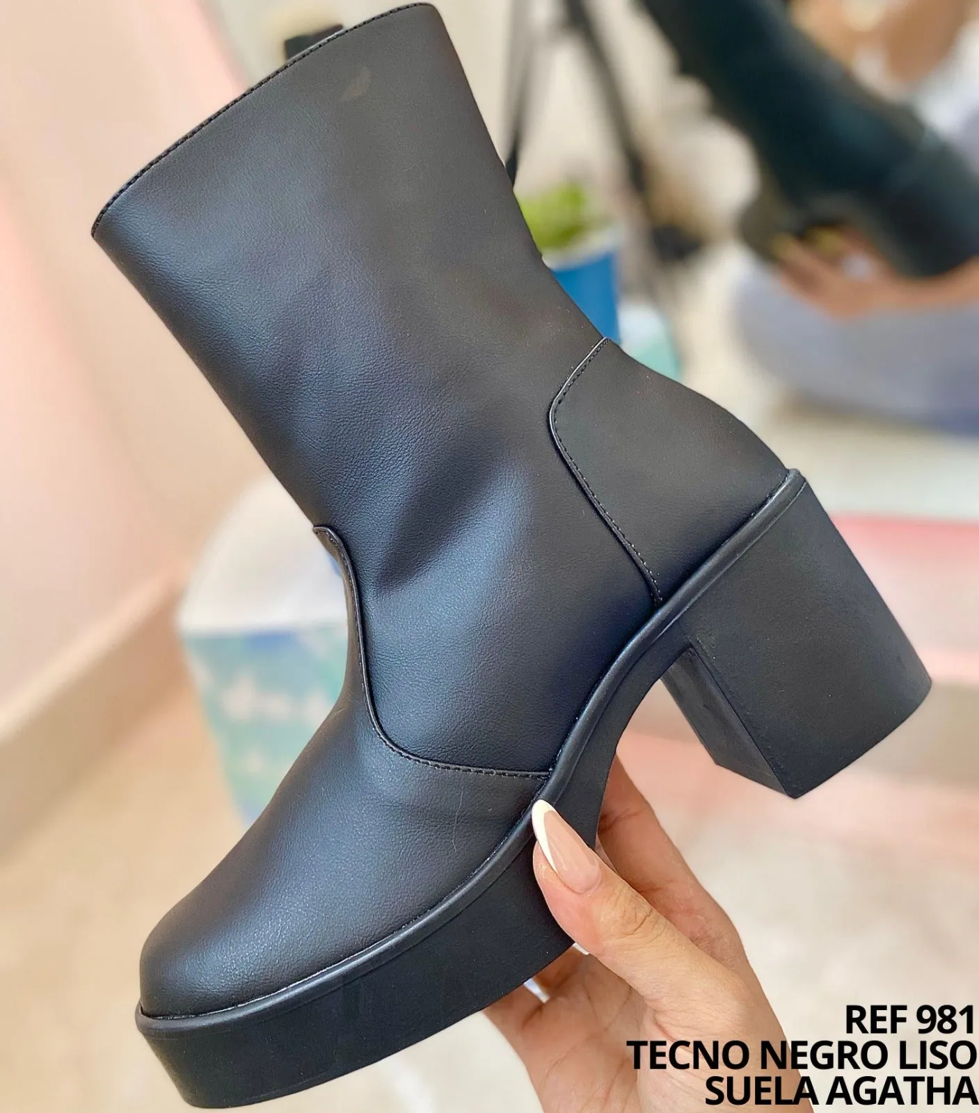 Black Mid-Calf Leather Boots Block Heel