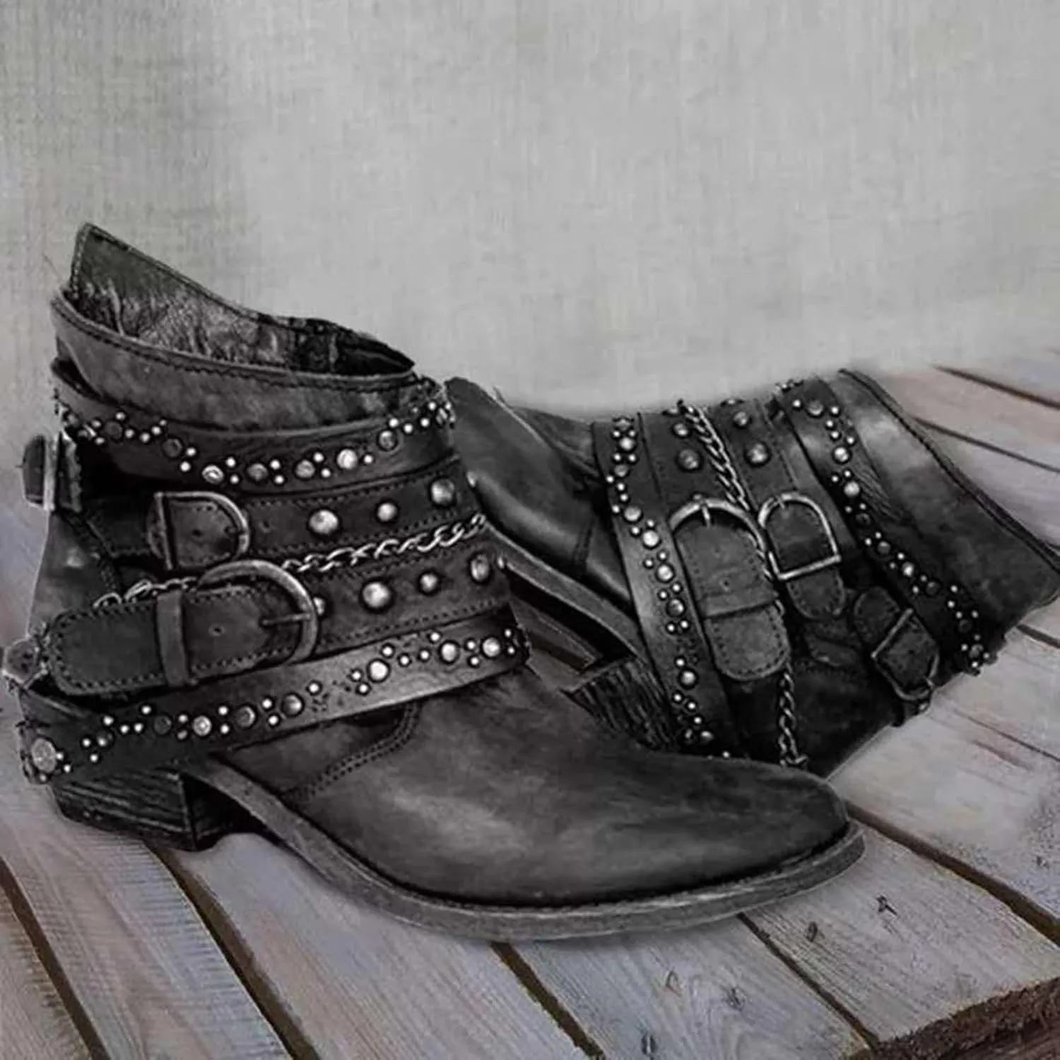 Booties for Women Ankle Black Flat Booties Flat Cowboy Boots for Women Black Ankle Boot Casual Round Head Closed Pointed Toe Low Block Heel Zip Up