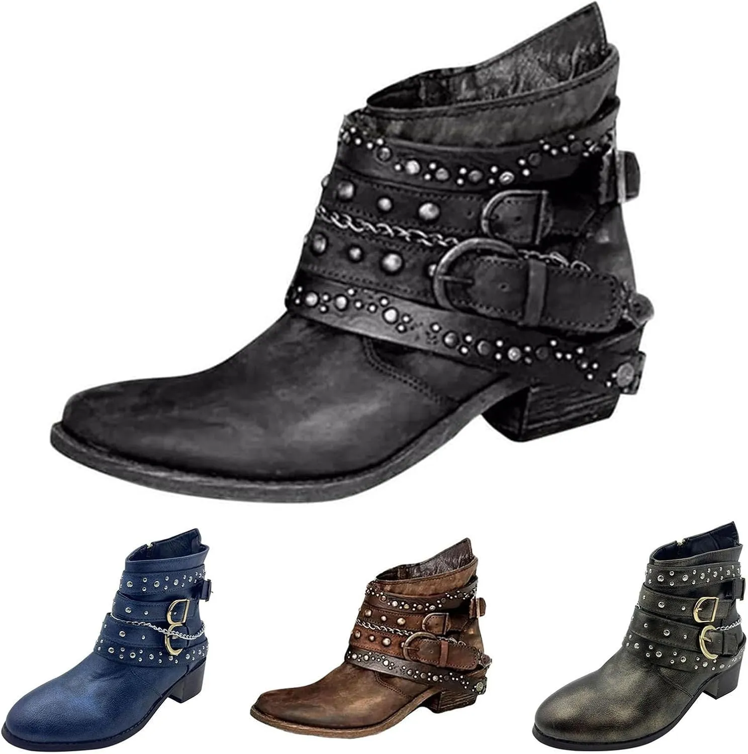 Booties for Women Ankle Black Flat Booties Flat Cowboy Boots for Women Black Ankle Boot Casual Round Head Closed Pointed Toe Low Block Heel Zip Up