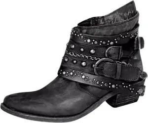 Booties for Women Ankle Black Flat Booties Flat Cowboy Boots for Women Black Ankle Boot Casual Round Head Closed Pointed Toe Low Block Heel Zip Up