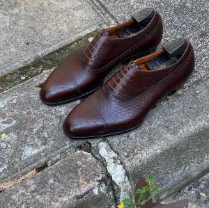 Brown Milled Grain Leather Treviso Brogue Toe Cap Oxford Shoes - AW24