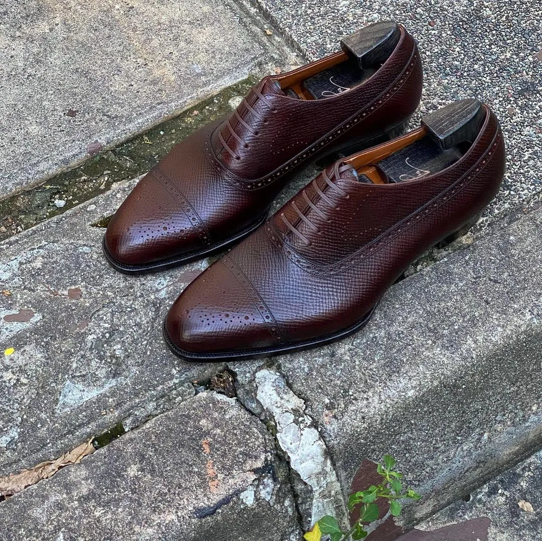 Brown Milled Grain Leather Treviso Brogue Toe Cap Oxford Shoes - AW24