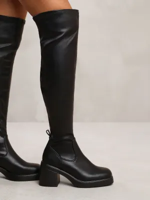 DAISY OVER THE KNEE BOOT WITH CHUNKY HEEL IN BLACK FAUX LEATHER