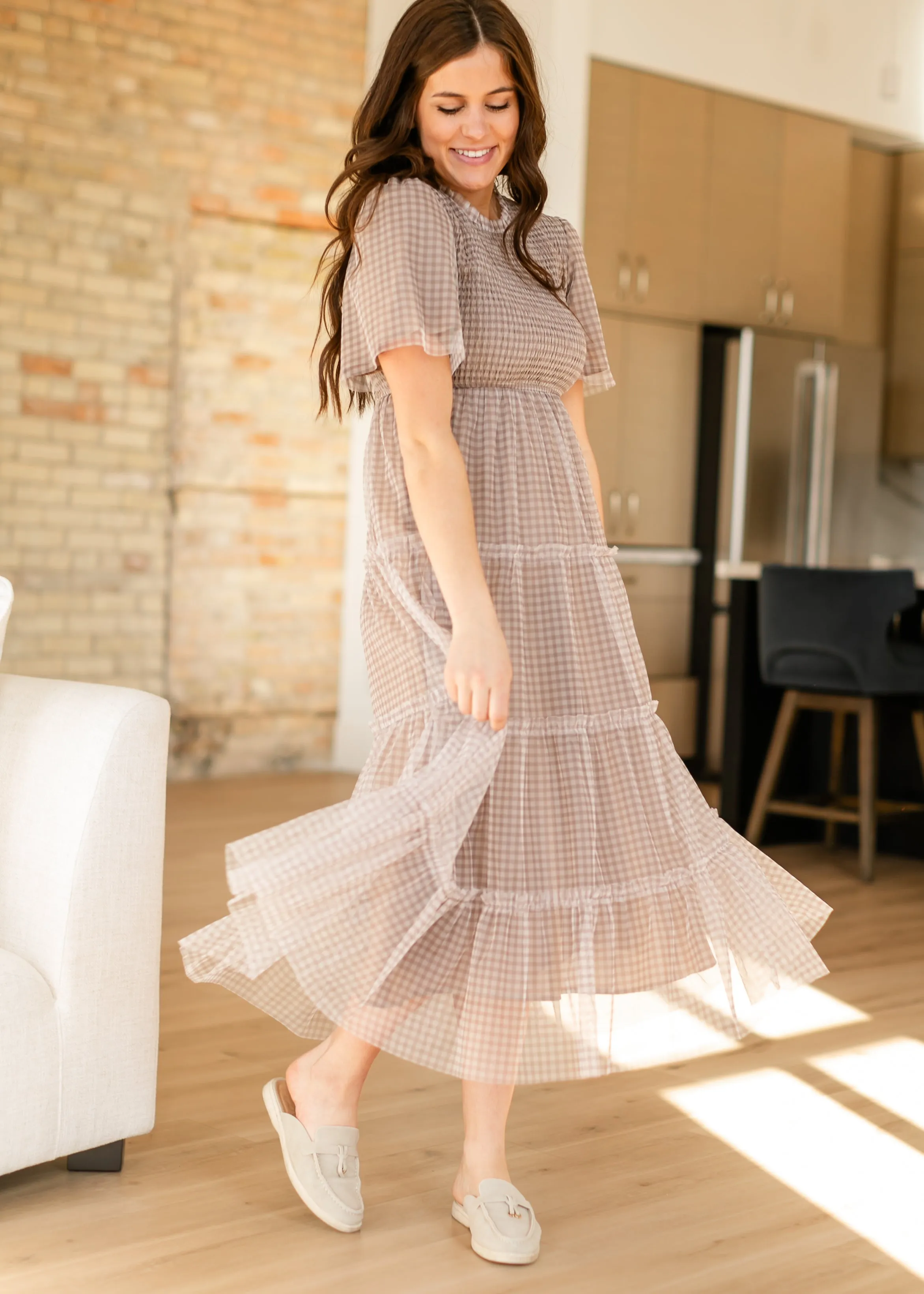 Gingham Mesh Tiered Maxi Dress
