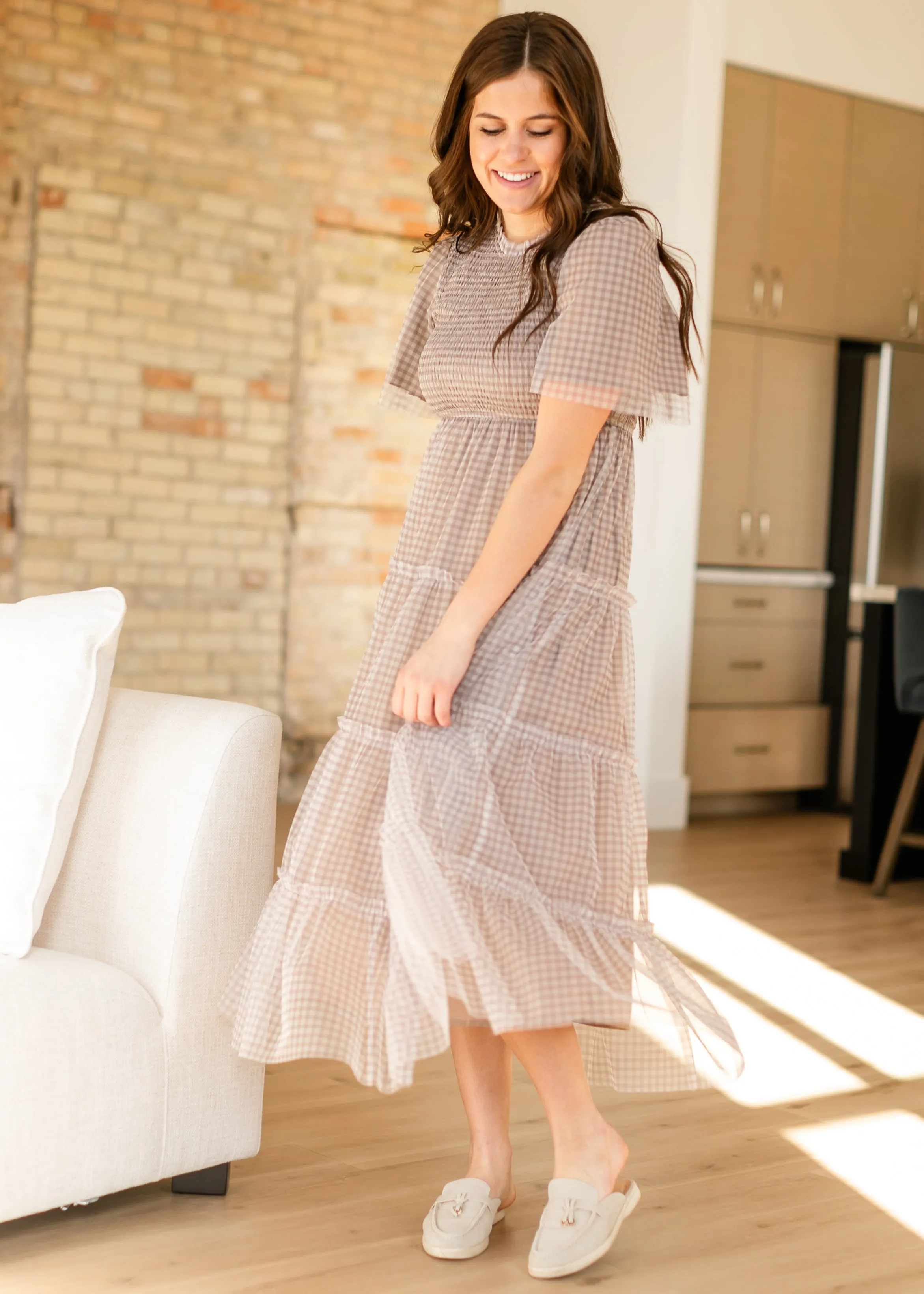 Gingham Mesh Tiered Maxi Dress