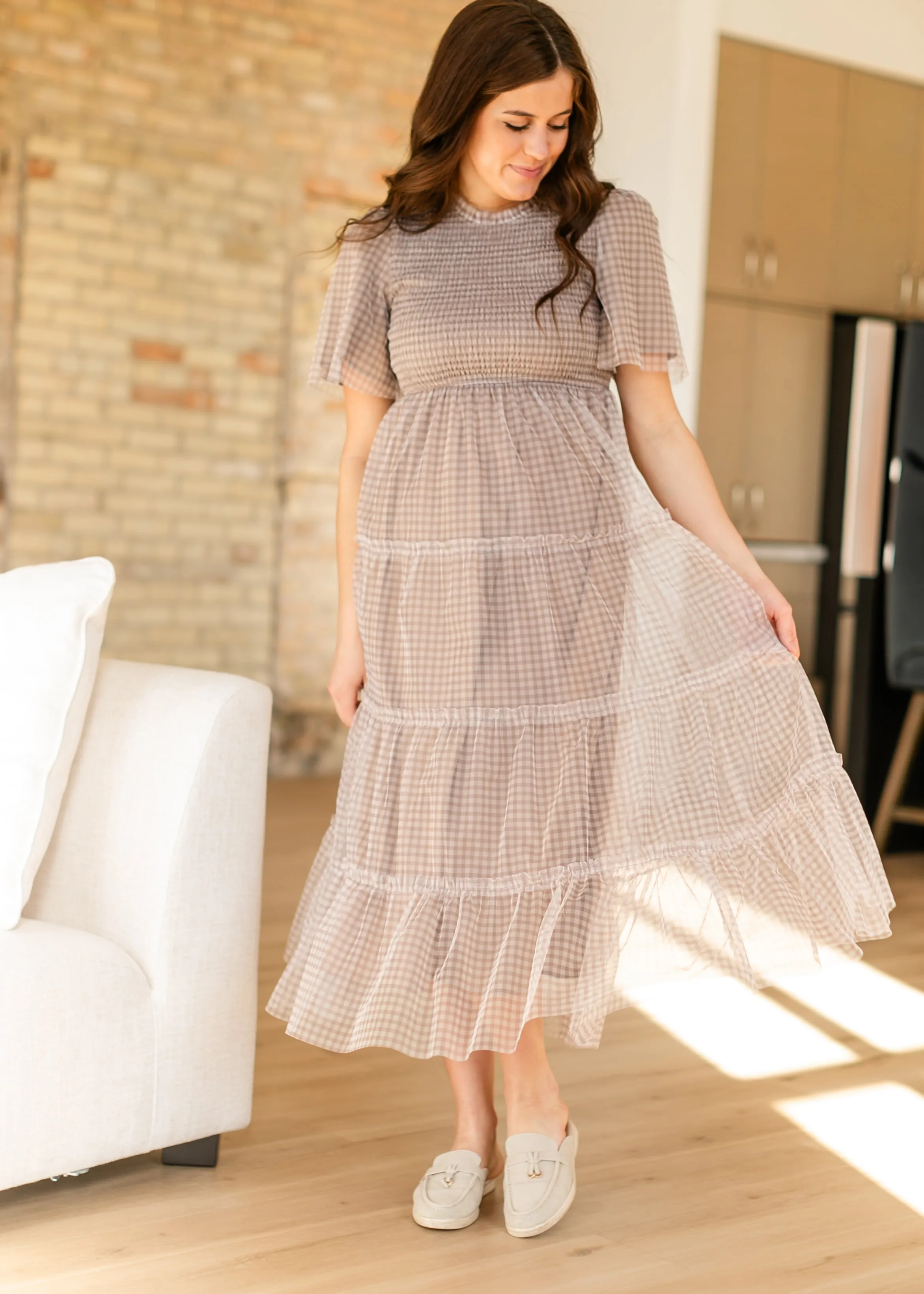 Gingham Mesh Tiered Maxi Dress