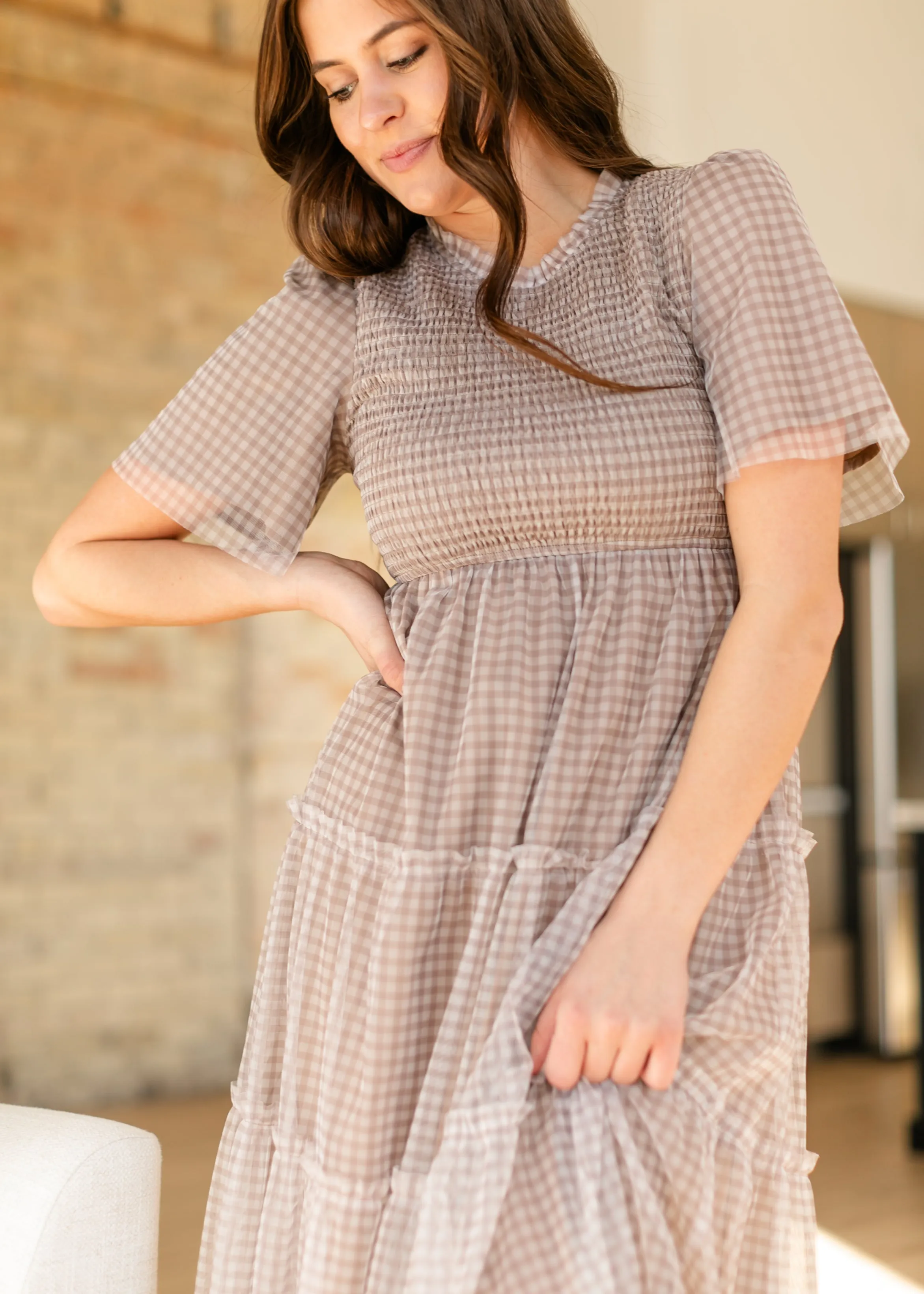 Gingham Mesh Tiered Maxi Dress