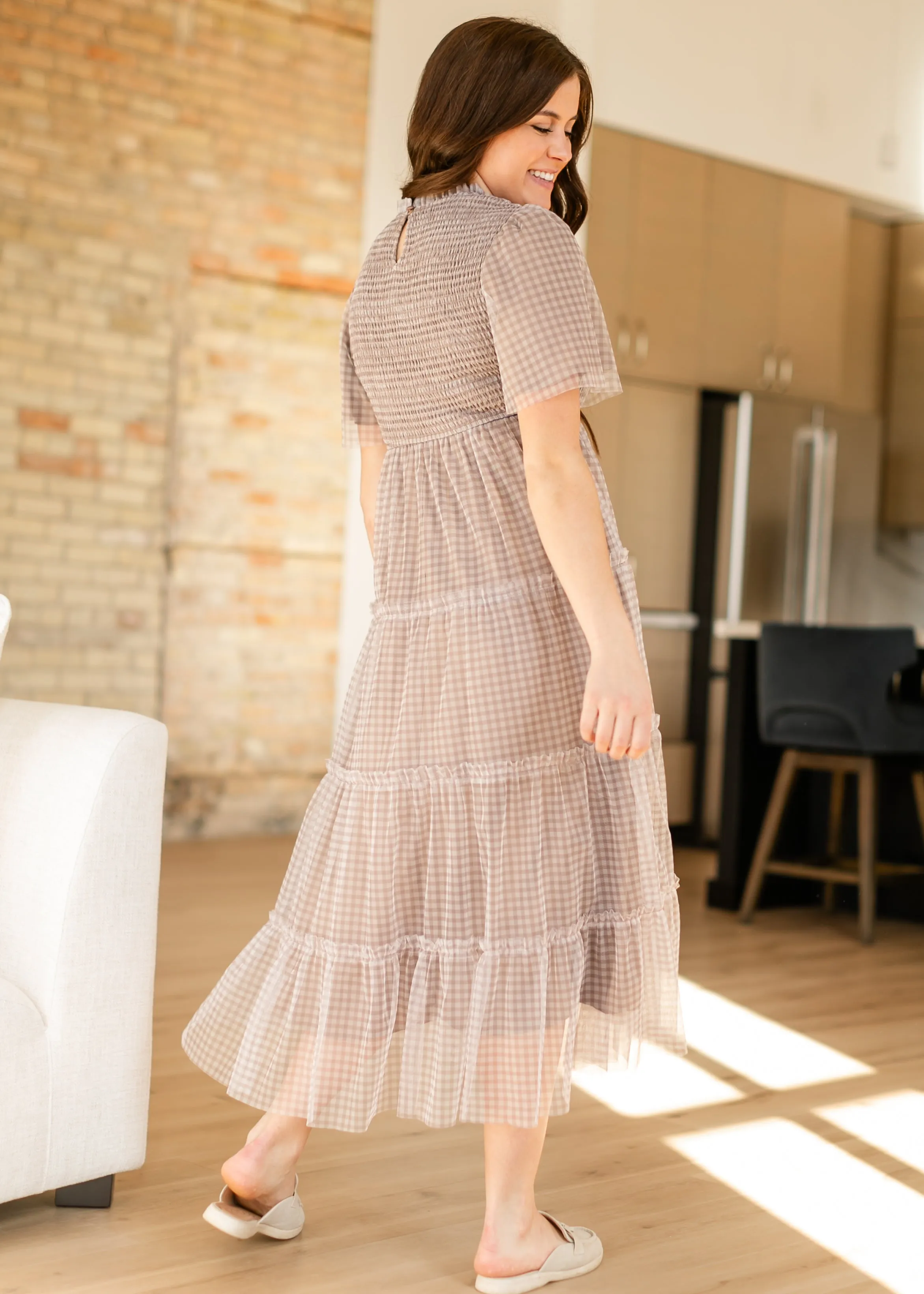 Gingham Mesh Tiered Maxi Dress
