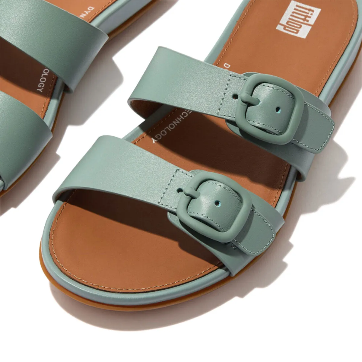 GRACIE Rubber-Buckle Two Bar Leather Slides Sandals