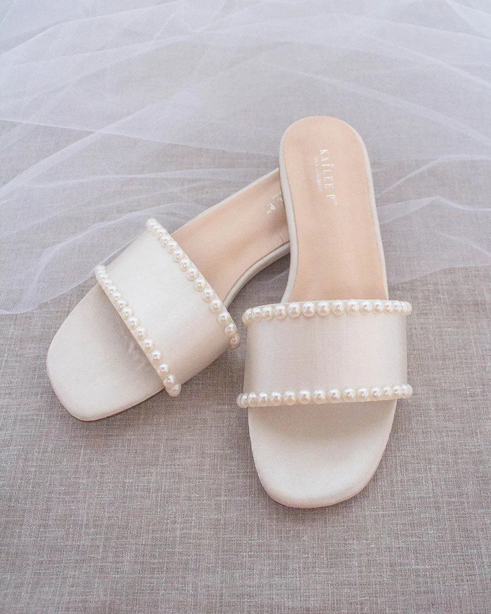 Ivory Satin Slip on Sandals with Pearls