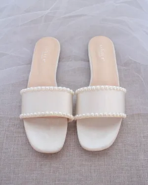 Ivory Satin Slip on Sandals with Pearls