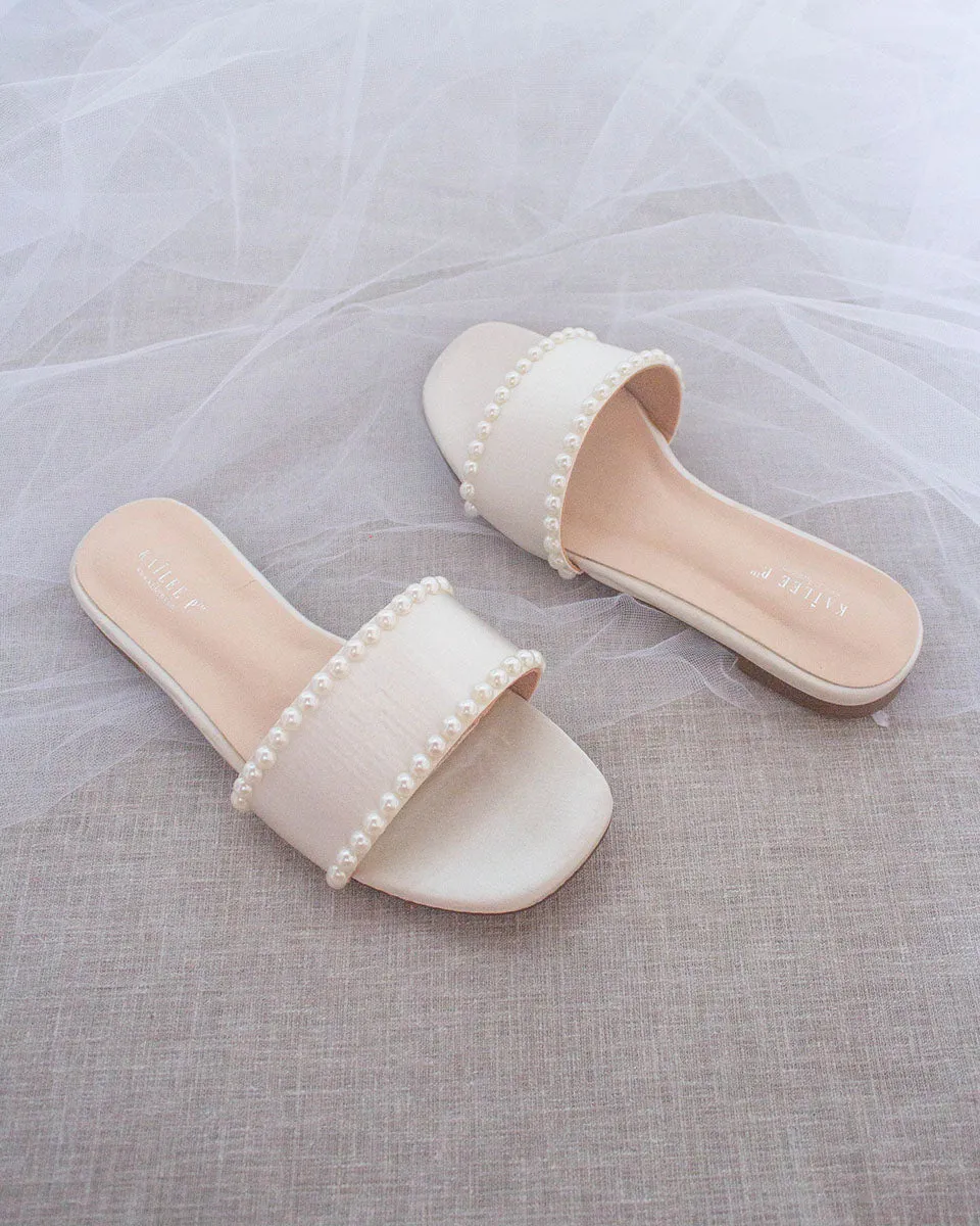 Ivory Satin Slip on Sandals with Pearls