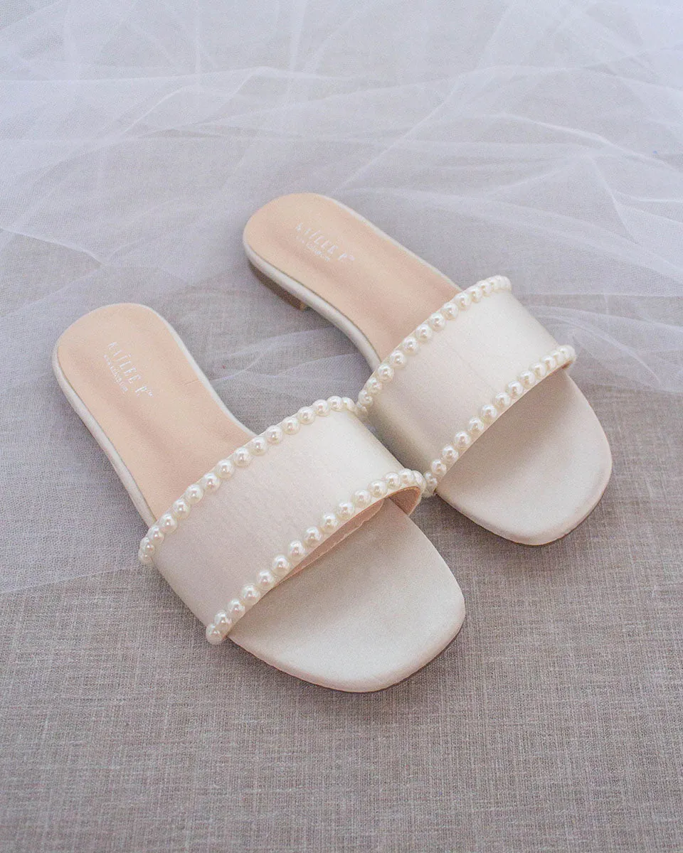 Ivory Satin Slip on Sandals with Pearls