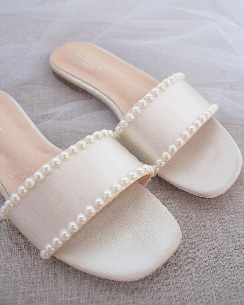 Ivory Satin Slip on Sandals with Pearls
