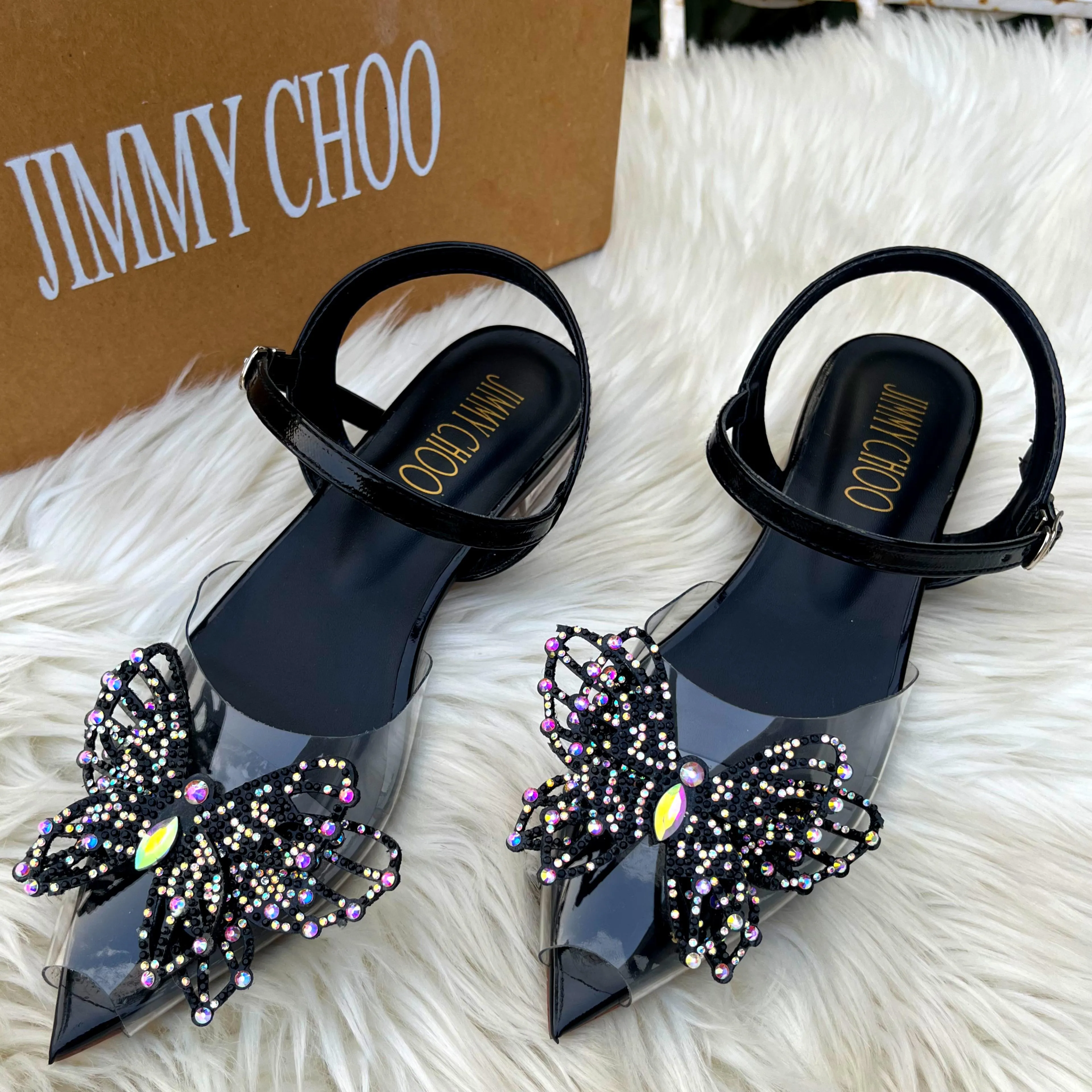 JIMMY CHOO RHINESTONE BUTTERFLY FLAT SANDALS - BLACK