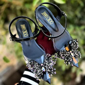 JIMMY CHOO RHINESTONE BUTTERFLY FLAT SANDALS - BLACK