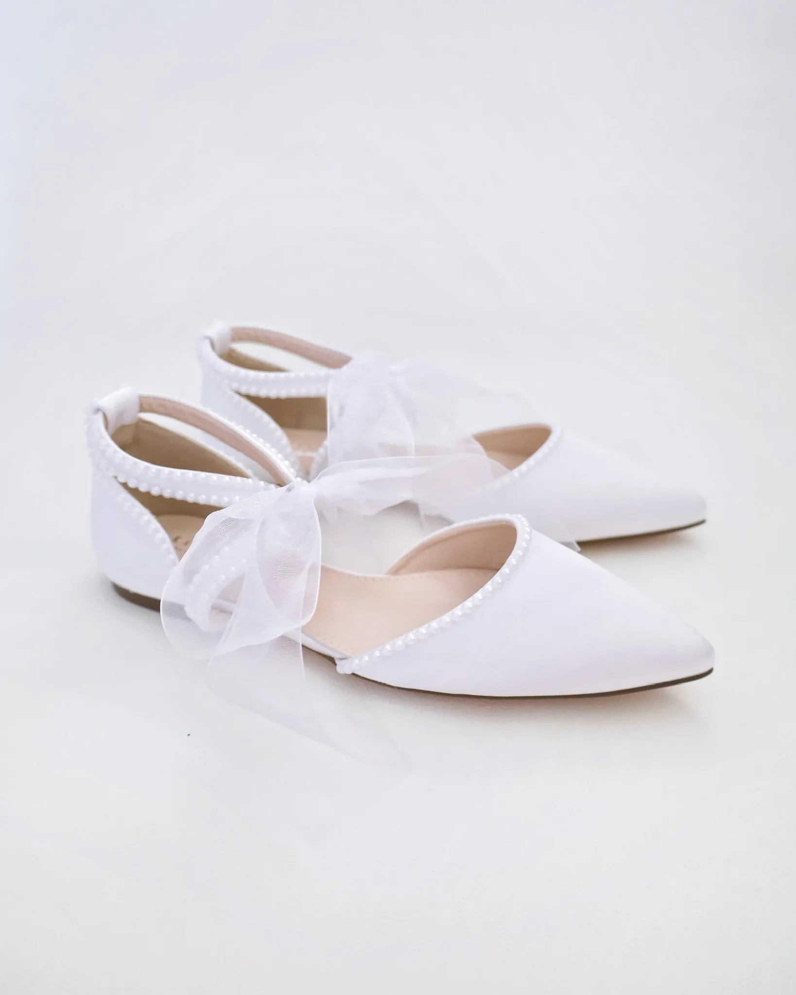 Satin Pointy Toe Flats with Mini Pearls and Chiffon Ribbon Tie