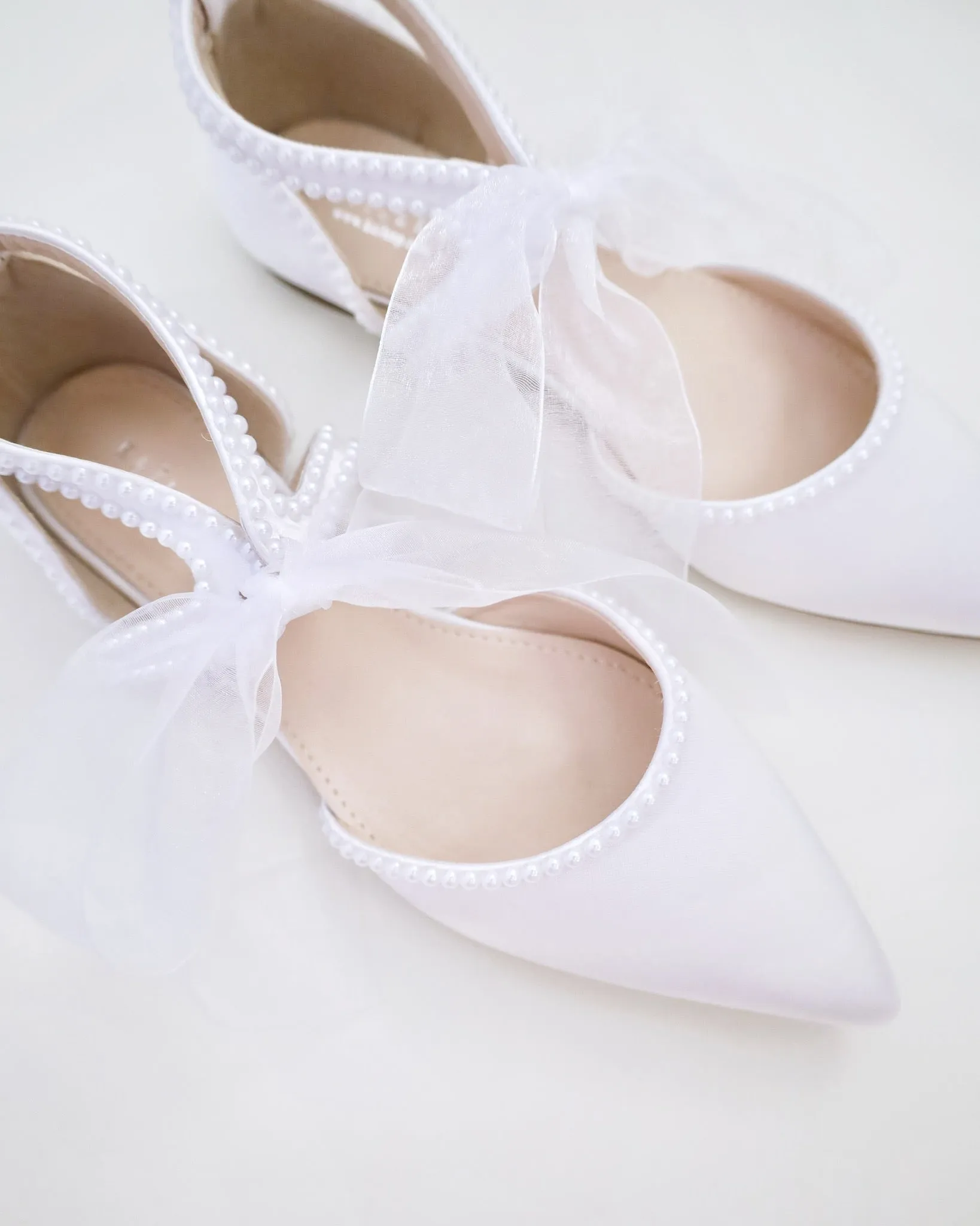 Satin Pointy Toe Flats with Mini Pearls and Chiffon Ribbon Tie