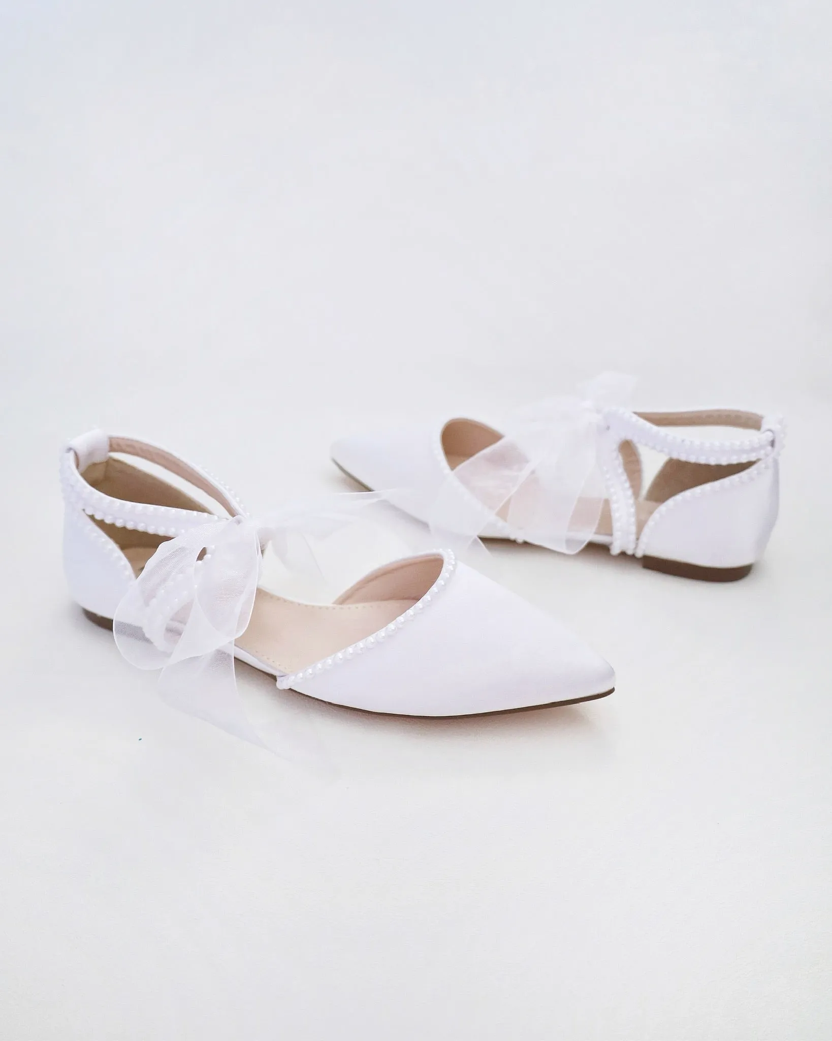 Satin Pointy Toe Flats with Mini Pearls and Chiffon Ribbon Tie