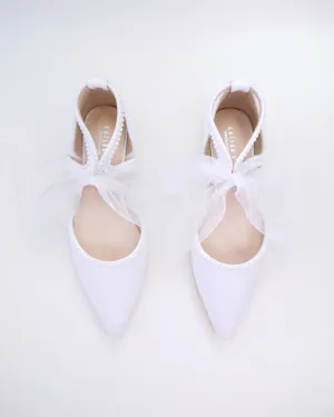 Satin Pointy Toe Flats with Mini Pearls and Chiffon Ribbon Tie