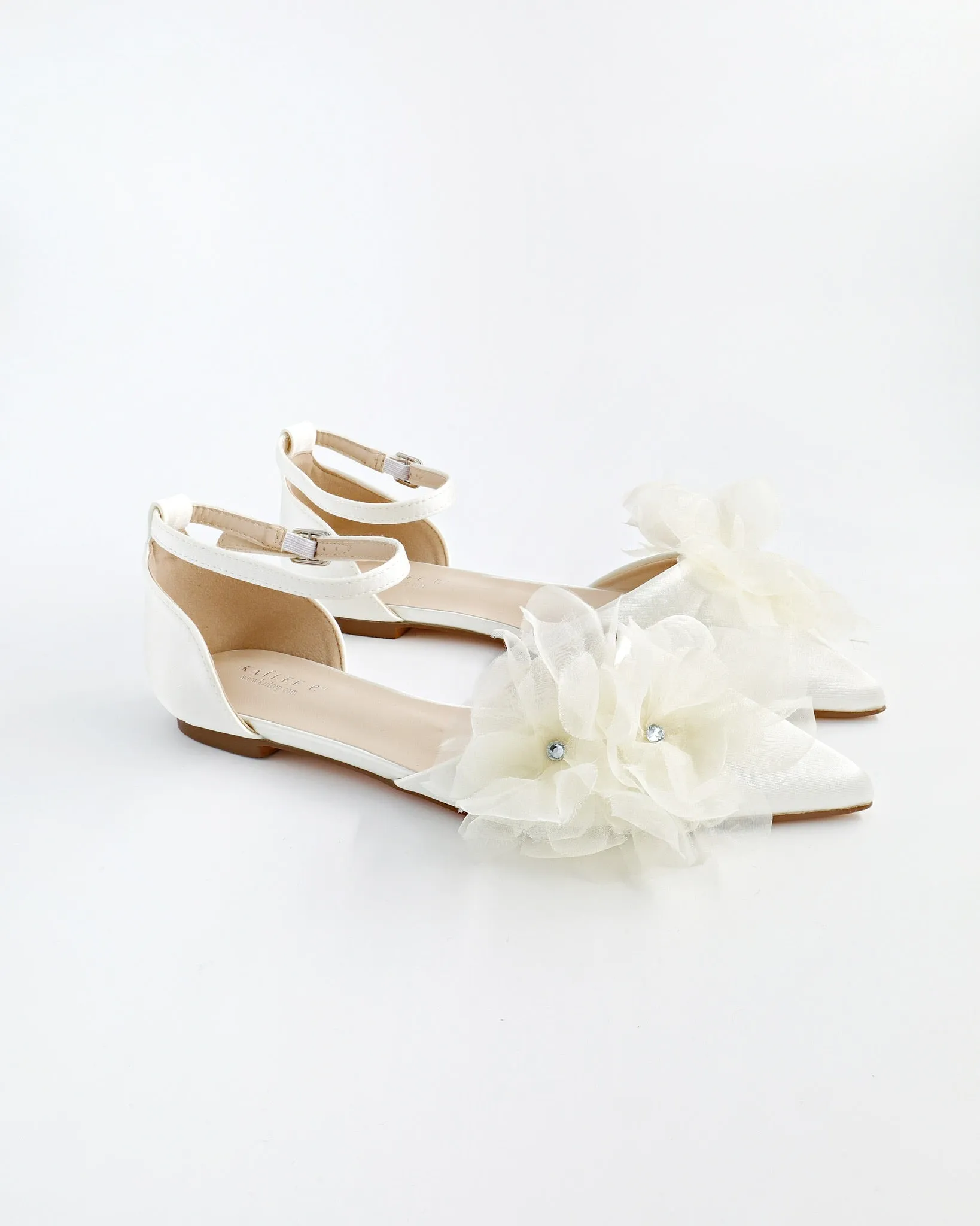 Satin Pointy Toe Wedding Flats with Ophelia Flowers