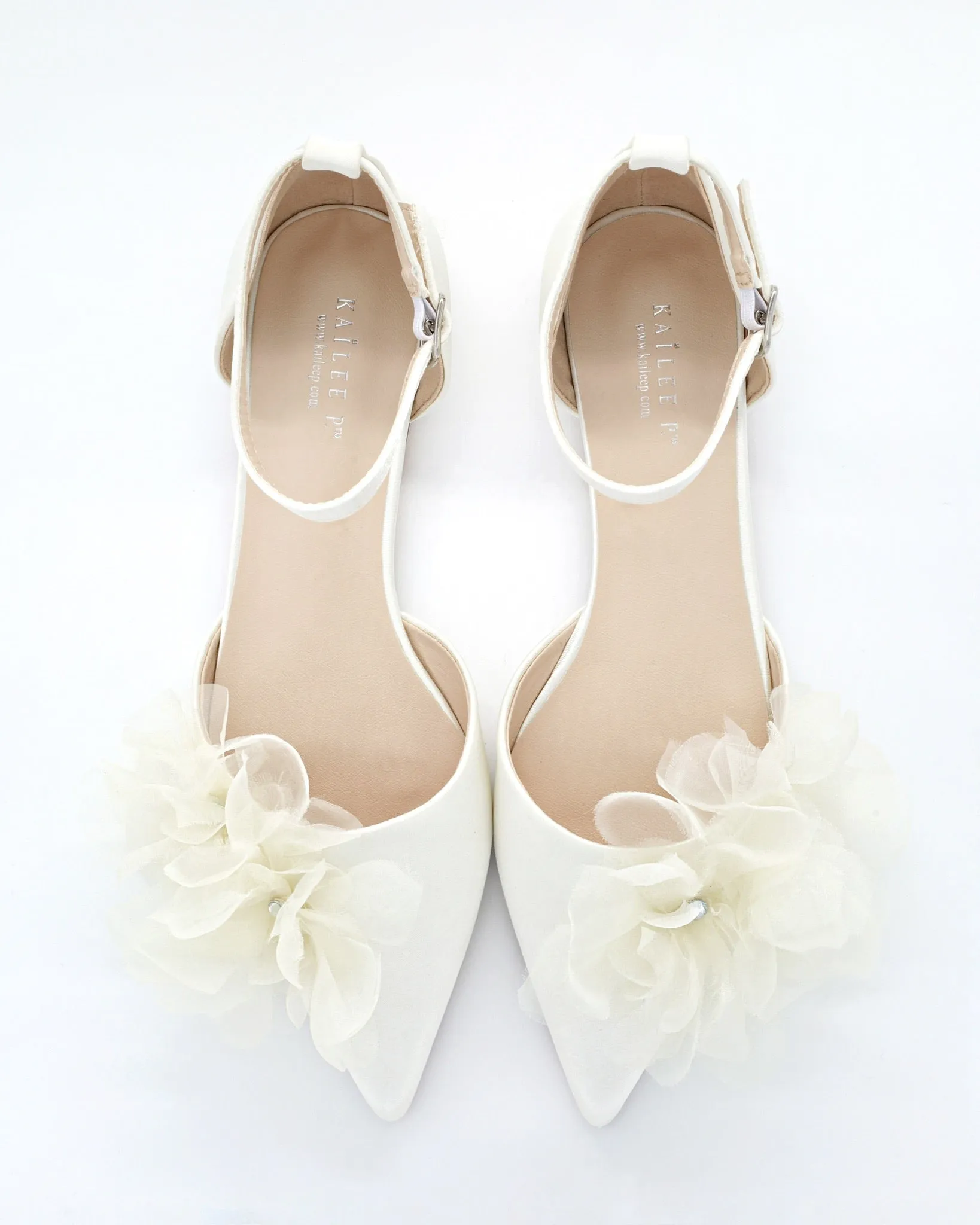 Satin Pointy Toe Wedding Flats with Ophelia Flowers