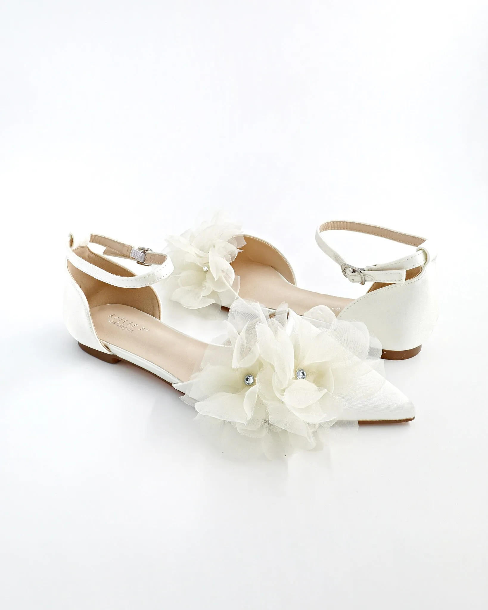 Satin Pointy Toe Wedding Flats with Ophelia Flowers
