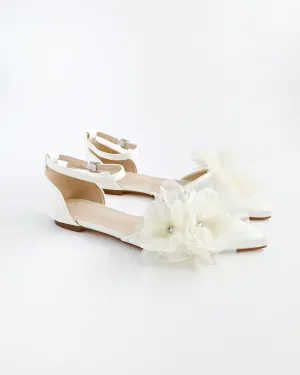 Satin Pointy Toe Wedding Flats with Ophelia Flowers