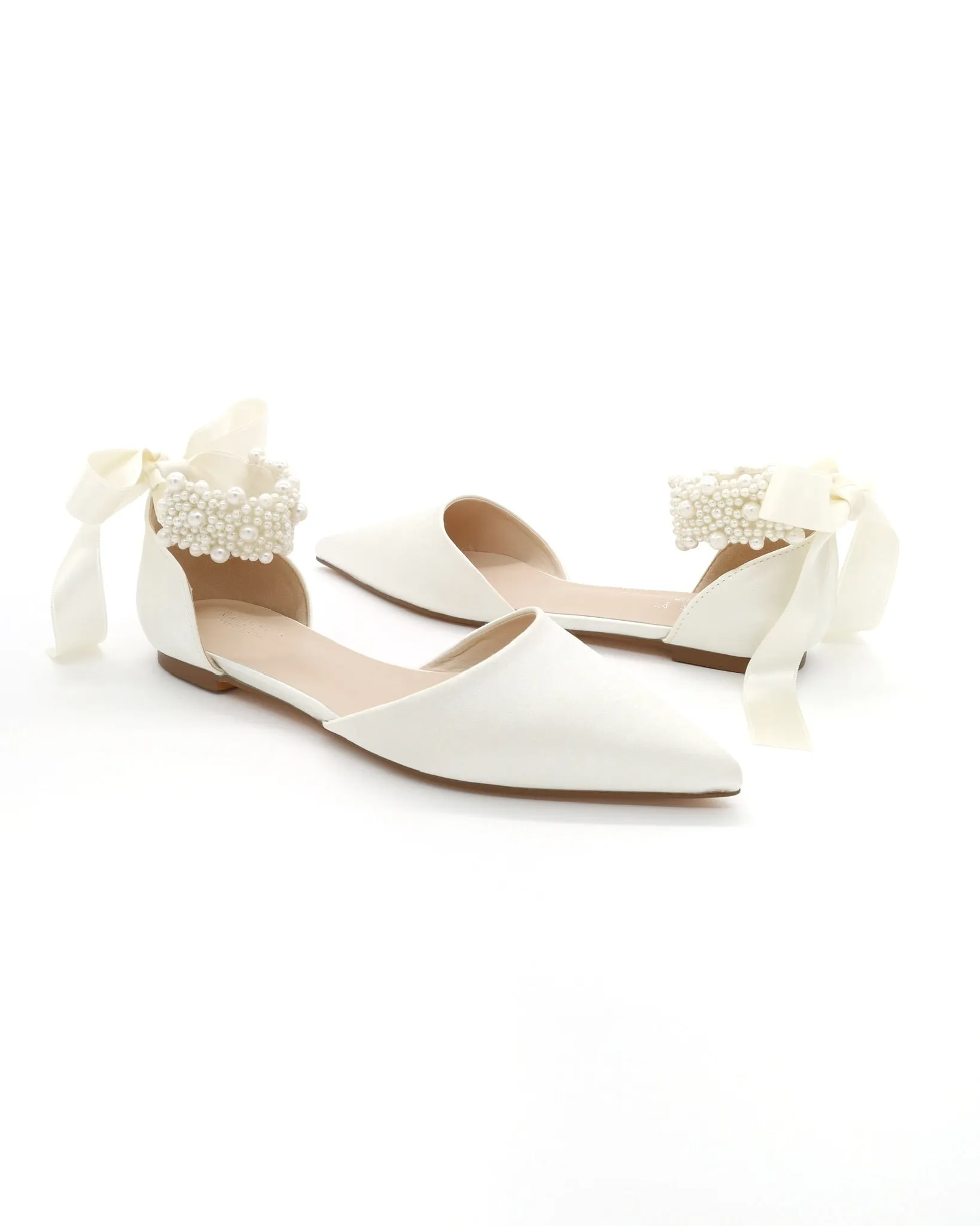 Satin Pointy Toe Wedding Flats with Perla Ankle Strap