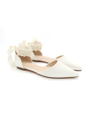 Satin Pointy Toe Wedding Flats with Perla Ankle Strap