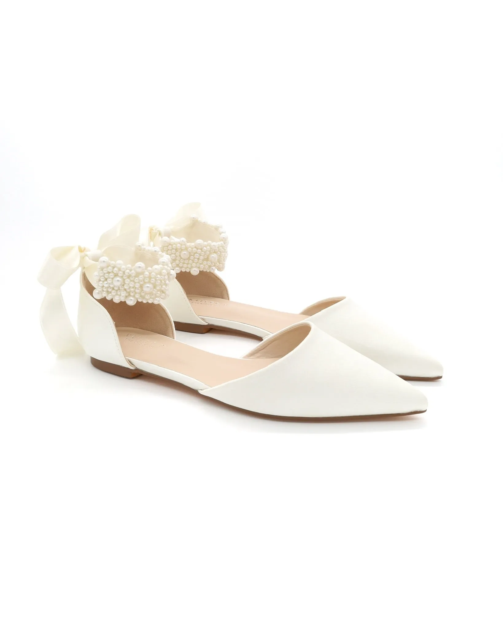 Satin Pointy Toe Wedding Flats with Perla Ankle Strap