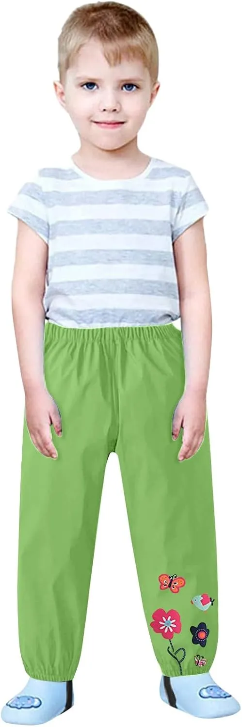 Toddlers Rain Waterproof Pants Little Boys Girls Butterfly Flower Printed Mud Dirty Proof Trousers Kids Rainwear