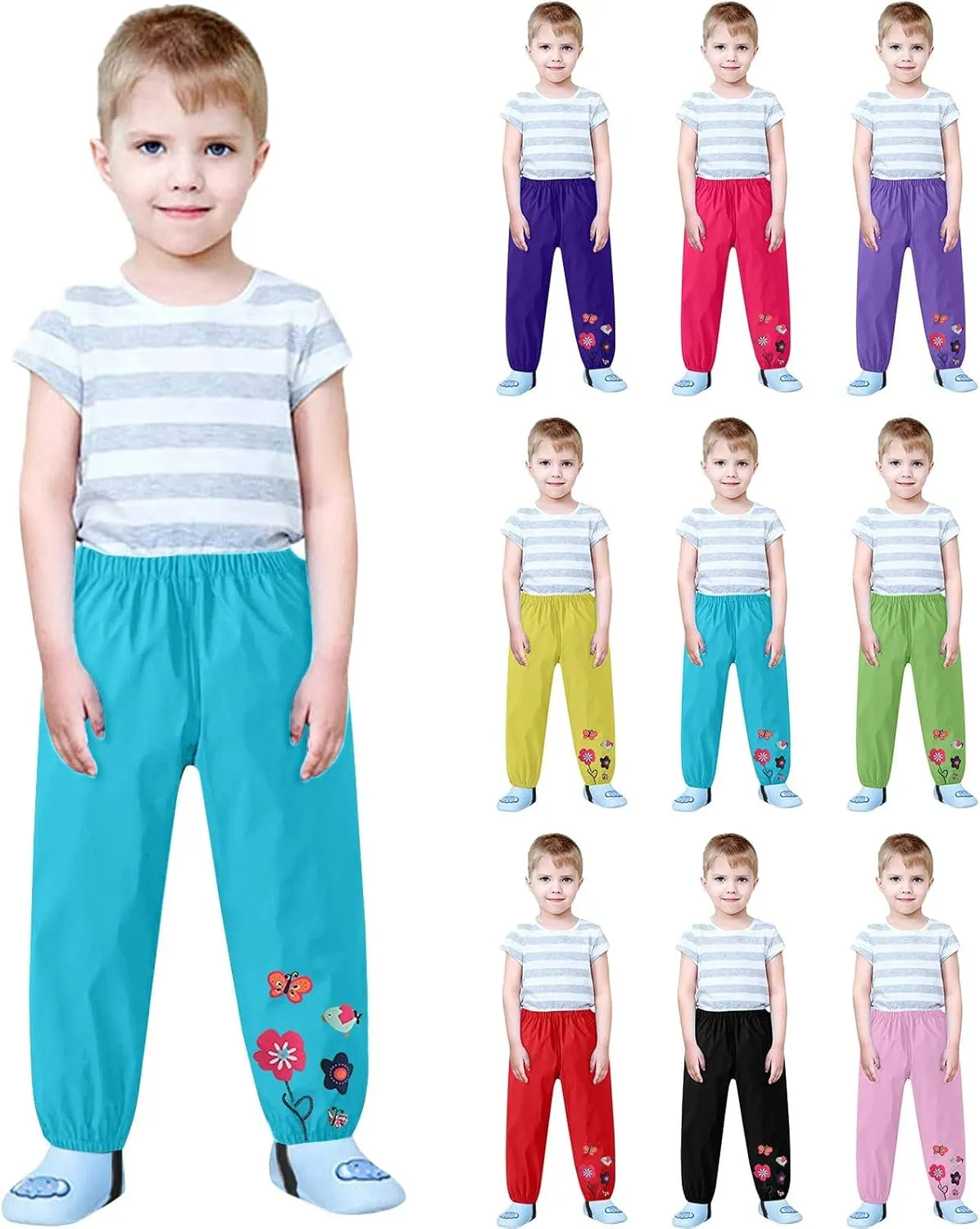 Toddlers Rain Waterproof Pants Little Boys Girls Butterfly Flower Printed Mud Dirty Proof Trousers Kids Rainwear